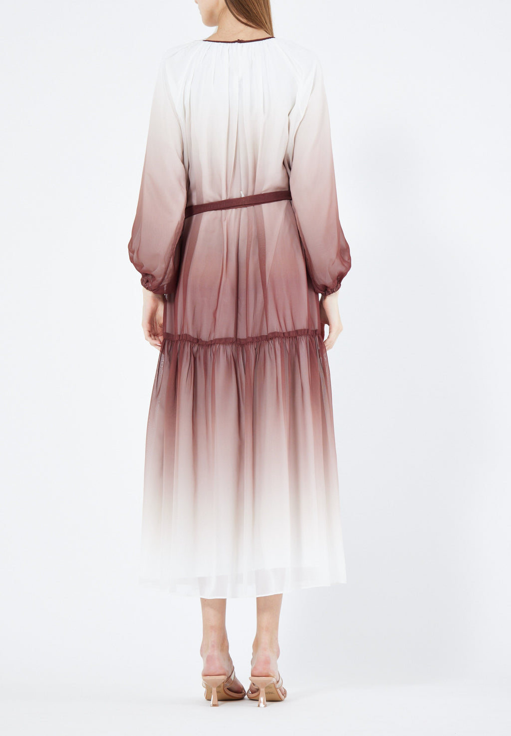 Double Shaded Printed Chiffon Jalabiya With Round Neckline And Long Puff Sleeves