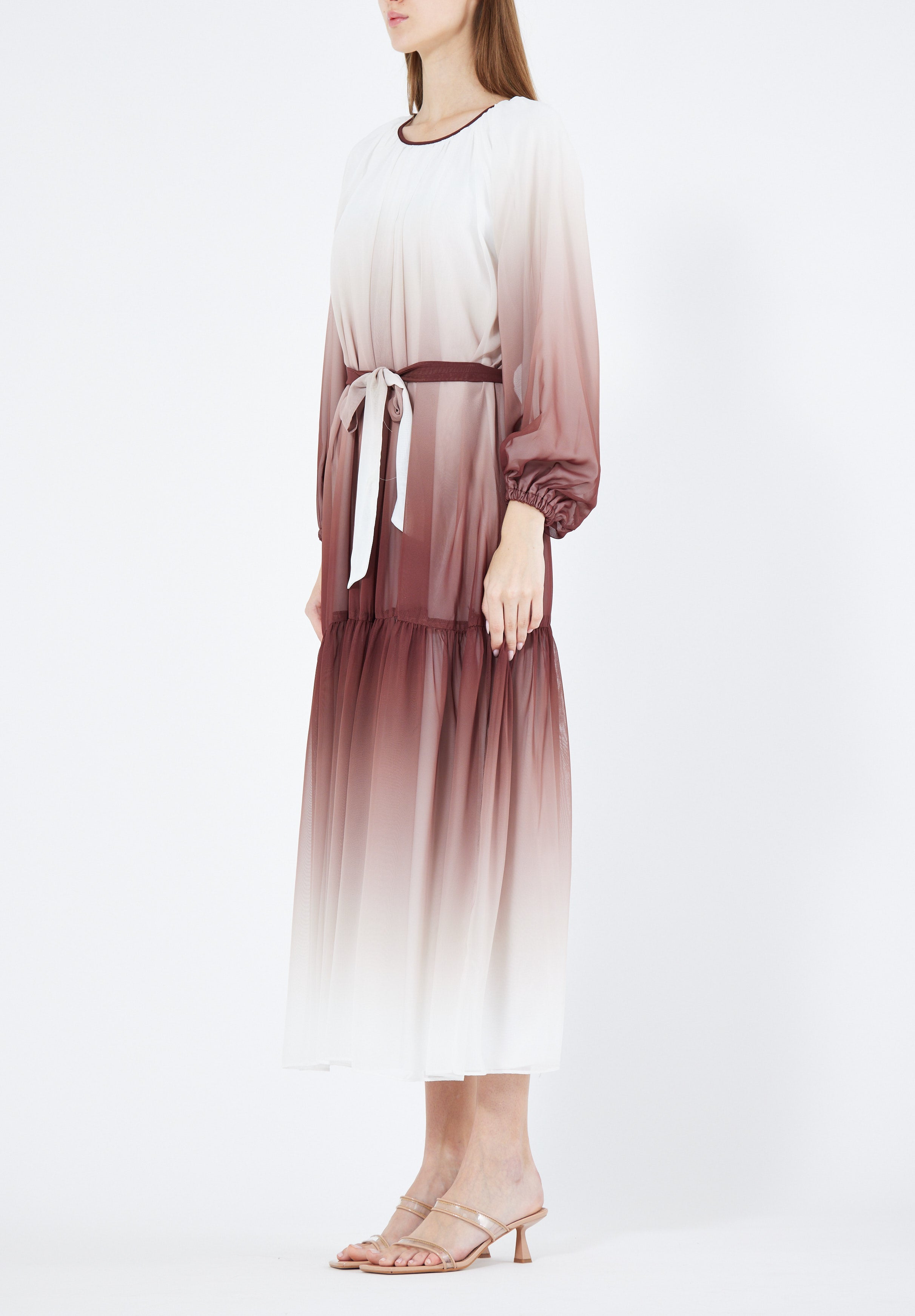 Double Shaded Printed Chiffon Jalabiya With Round Neckline And Long Puff Sleeves