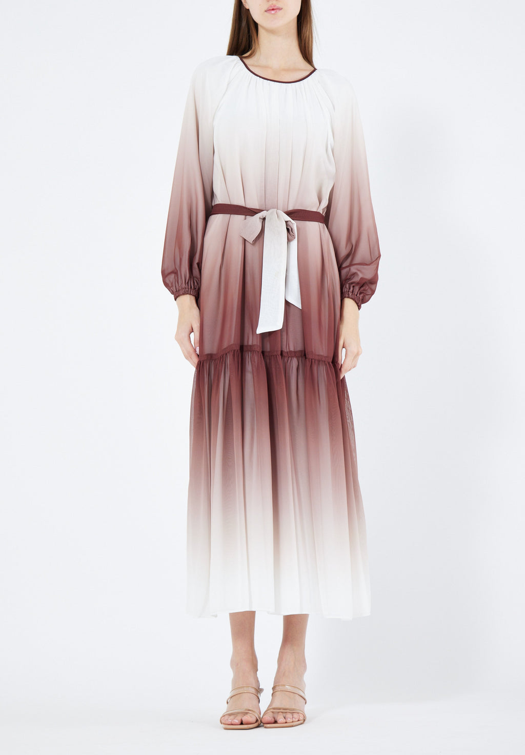 Double Shaded Printed Chiffon Jalabiya With Round Neckline And Long Puff Sleeves