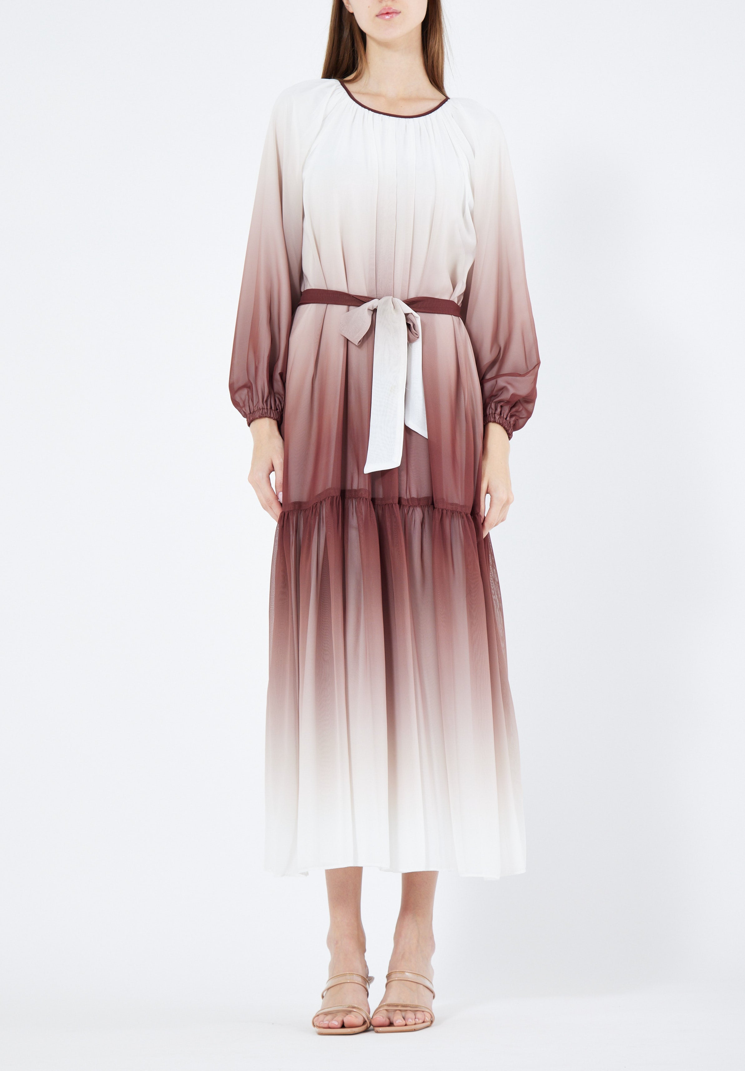 Double Shaded Printed Chiffon Jalabiya With Round Neckline And Long Puff Sleeves