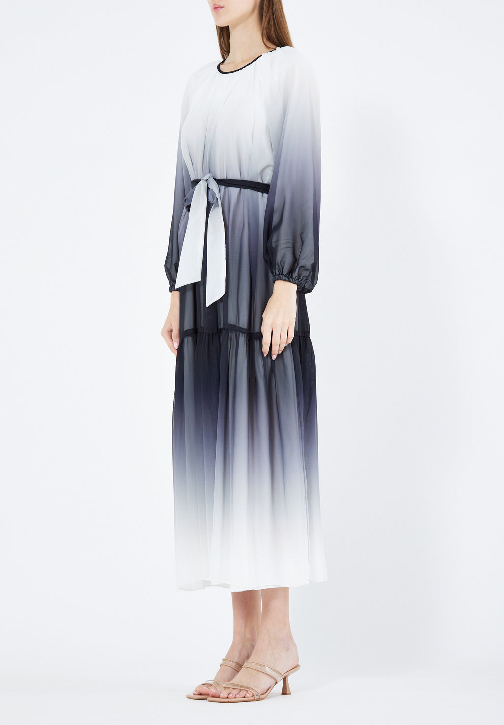 Double Shaded Printed Chiffon Jalabiya With Round Neckline And Long Puff Sleeves