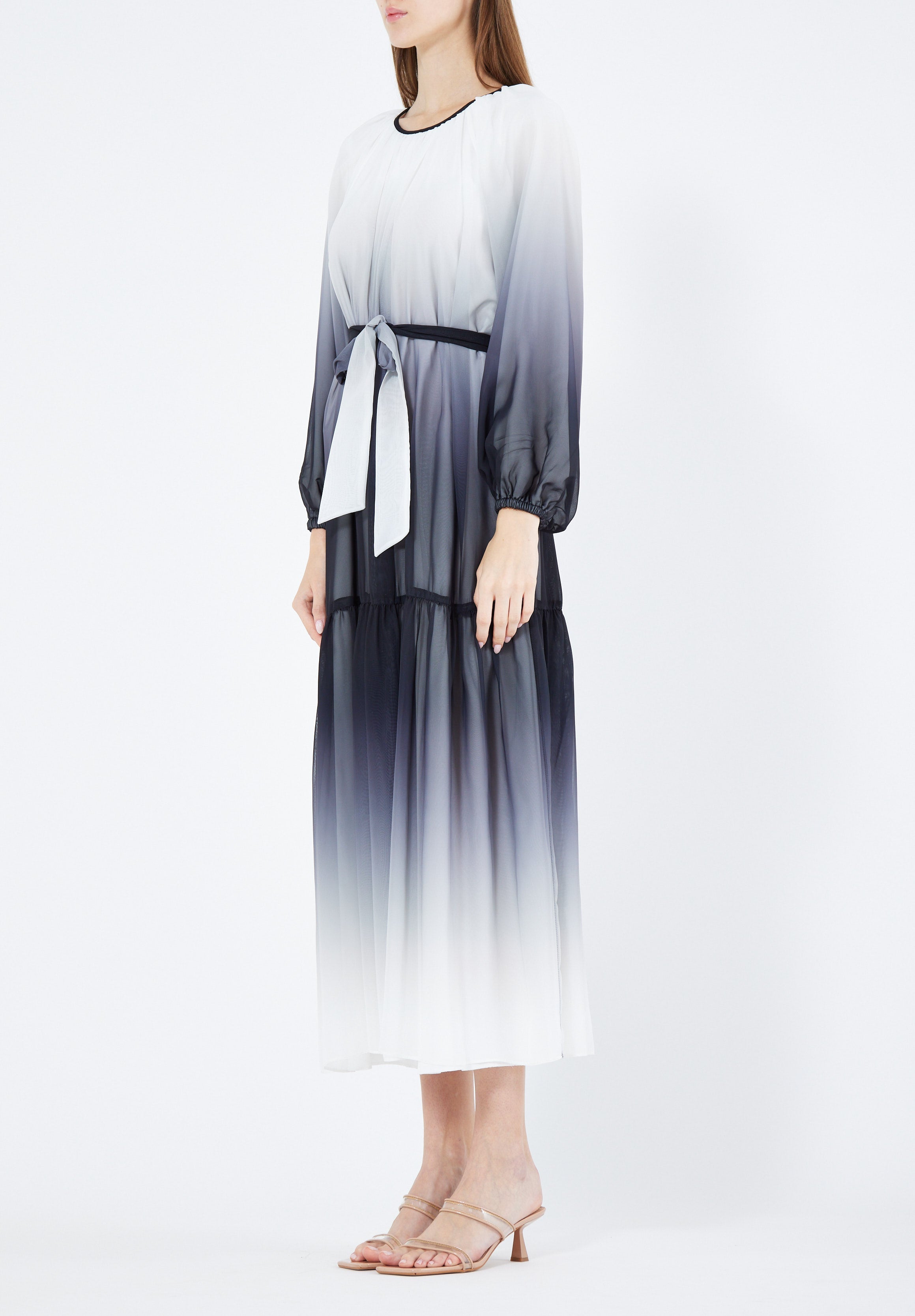 Double Shaded Printed Chiffon Jalabiya With Round Neckline And Long Puff Sleeves