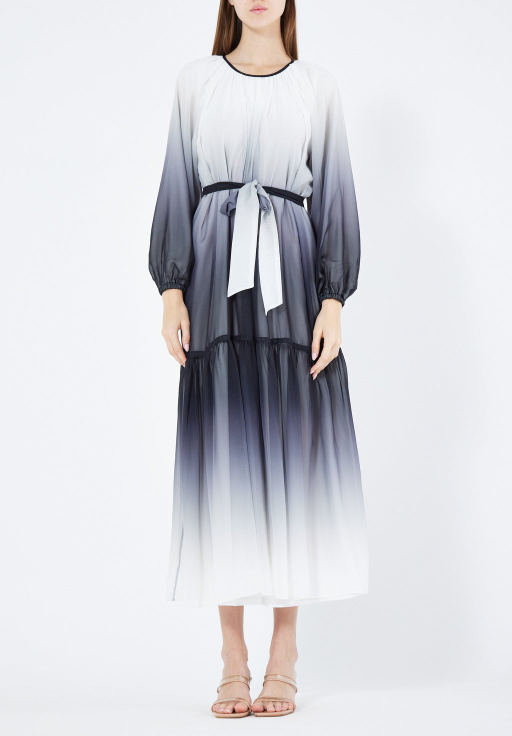 Double Shaded Printed Chiffon Jalabiya With Round Neckline And Long Puff Sleeves