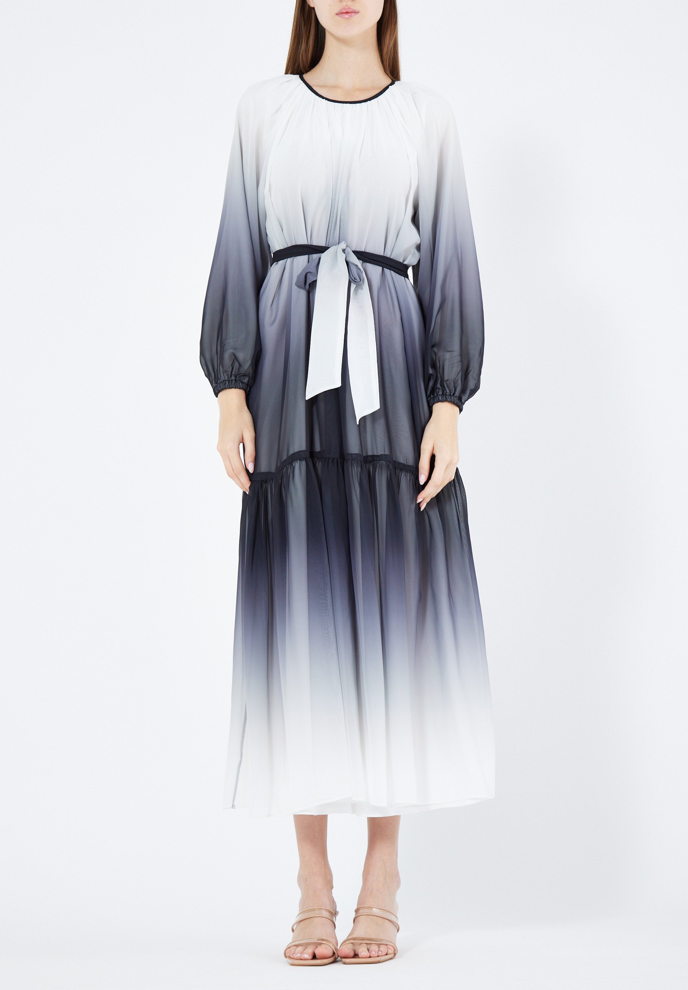 Double Shaded Printed Chiffon Jalabiya With Round Neckline And Long Puff Sleeves