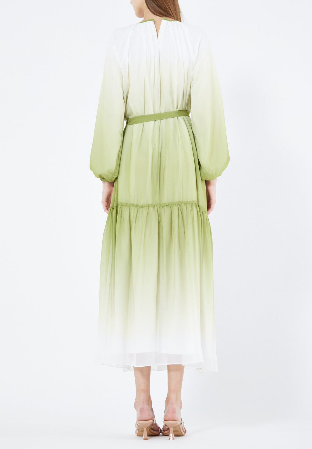 Double Shaded Printed Chiffon Jalabiya With Round Neckline And Long Puff Sleeves