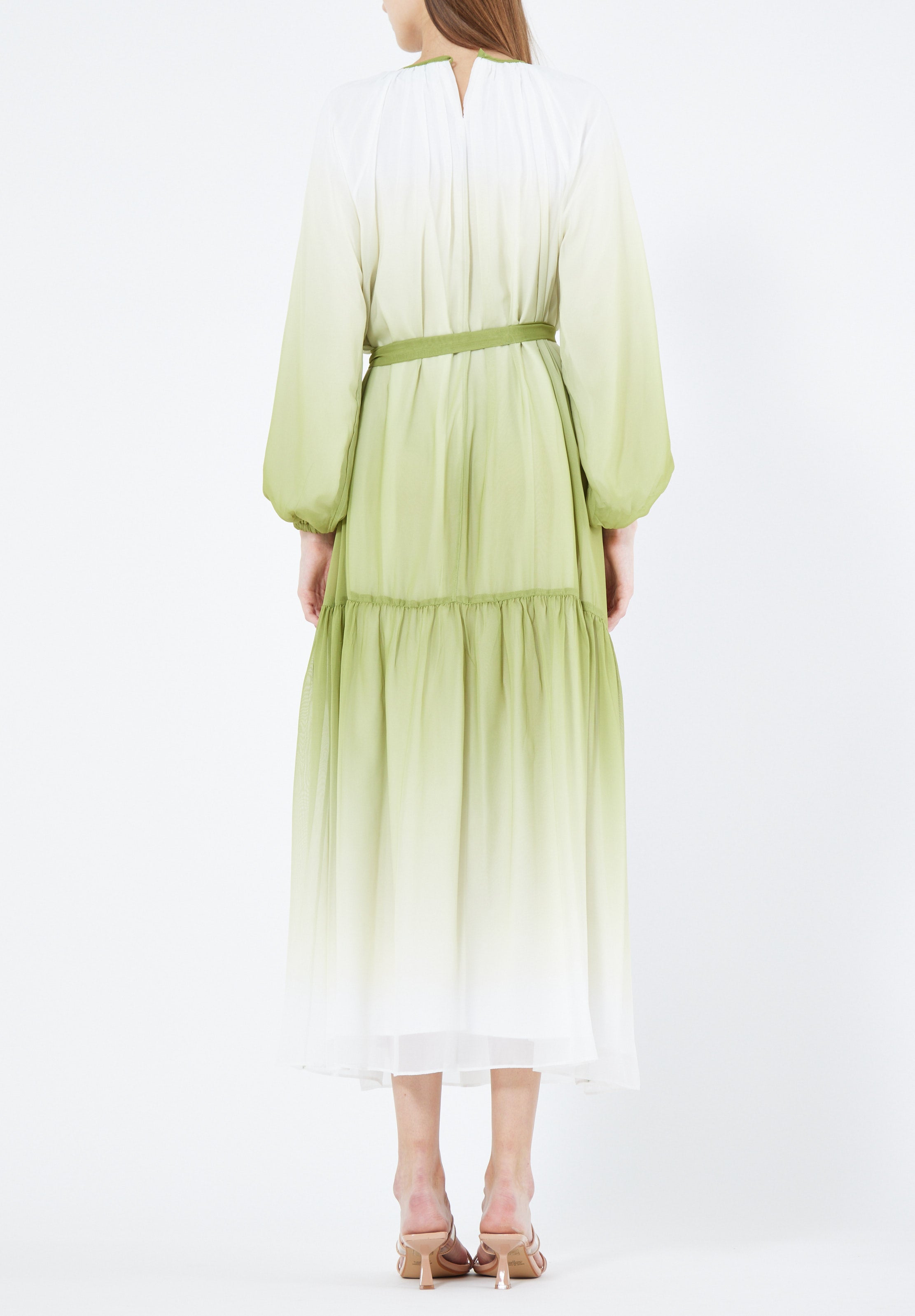 Double Shaded Printed Chiffon Jalabiya With Round Neckline And Long Puff Sleeves