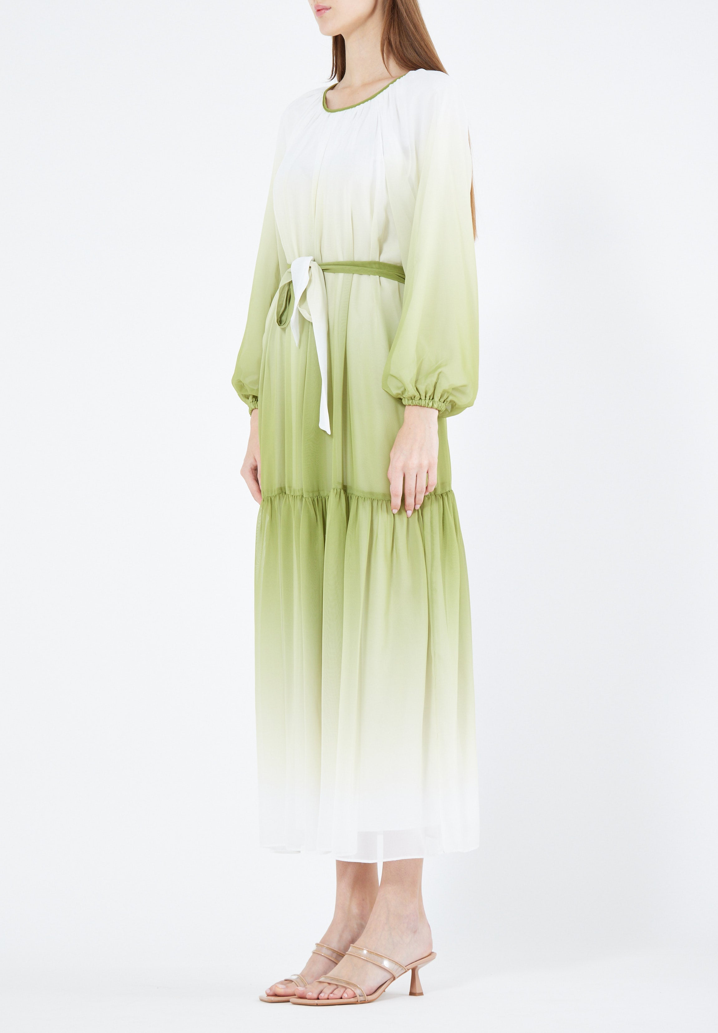 Double Shaded Printed Chiffon Jalabiya With Round Neckline And Long Puff Sleeves