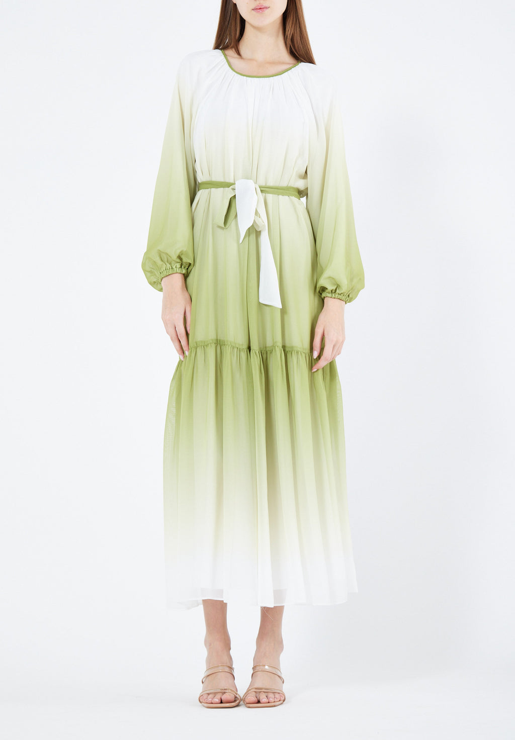 Double Shaded Printed Chiffon Jalabiya With Round Neckline And Long Puff Sleeves