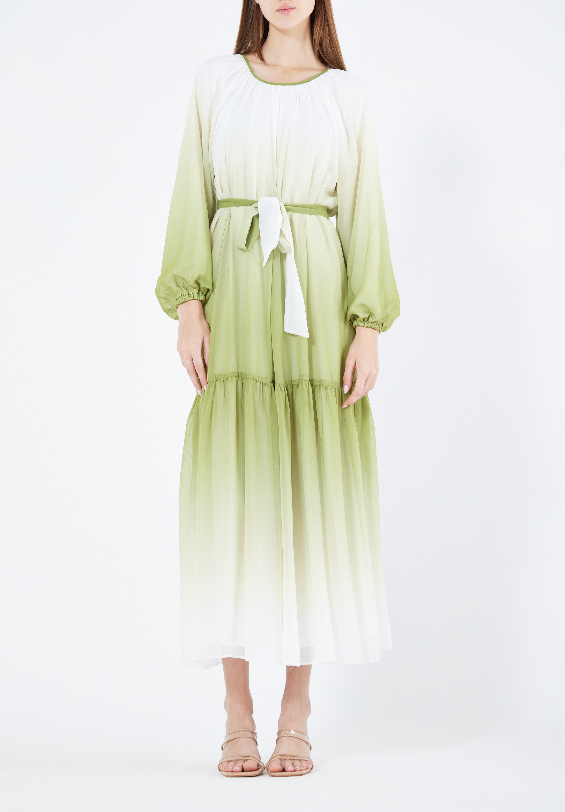 Double Shaded Printed Chiffon Jalabiya With Round Neckline And Long Puff Sleeves