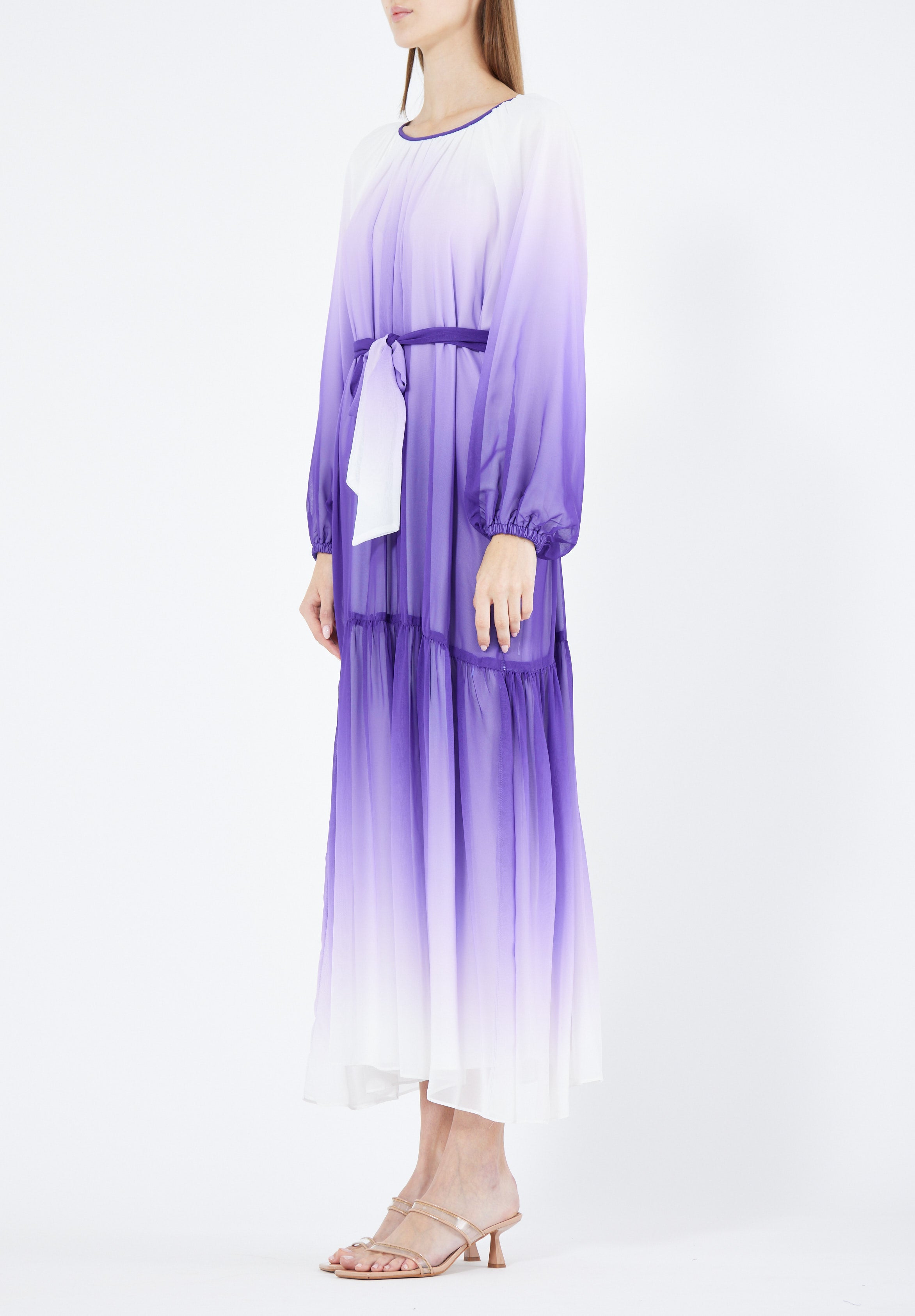 Double Shaded Printed Chiffon Jalabiya With Round Neckline And Long Puff Sleeves