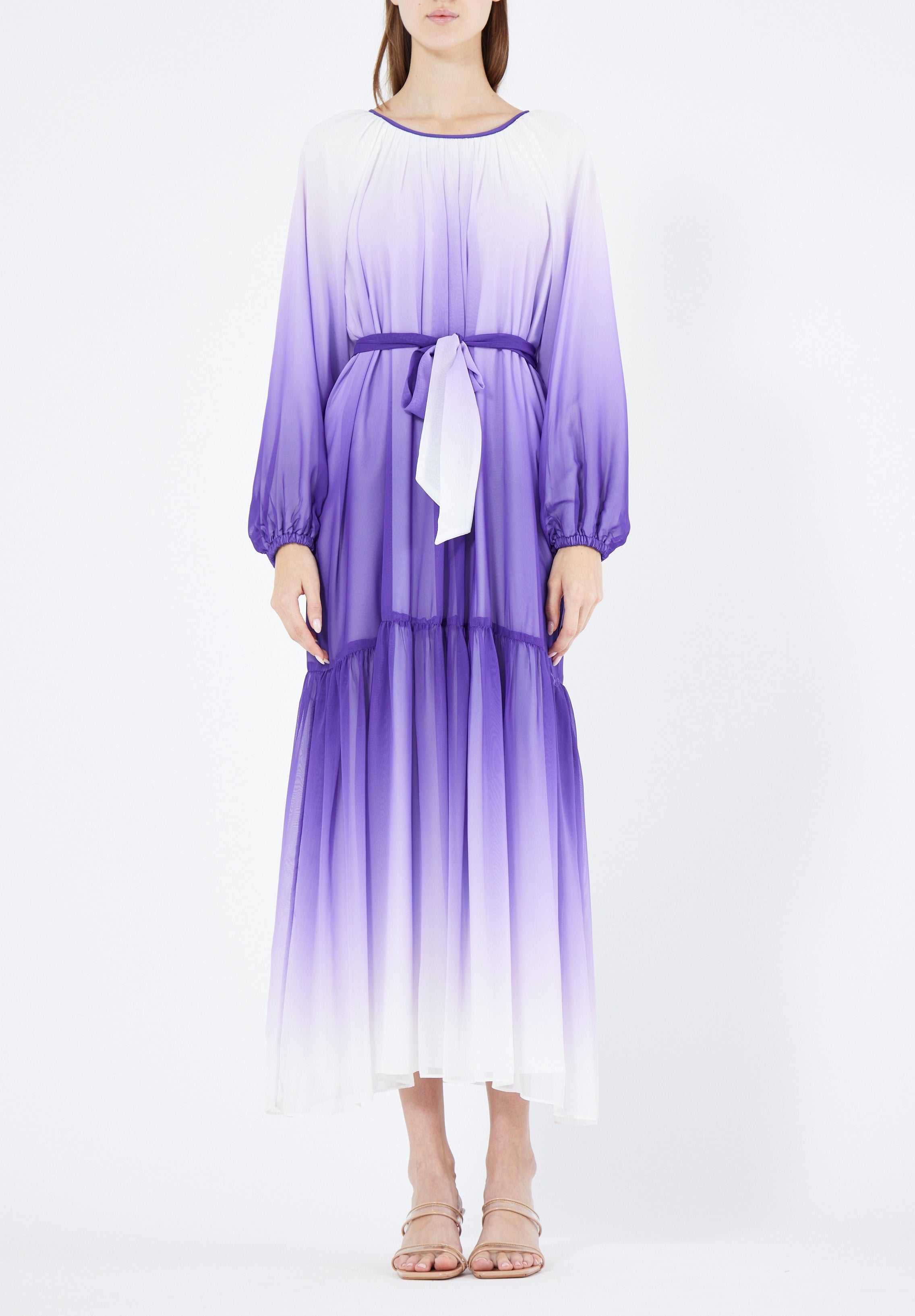 Double Shaded Printed Chiffon Jalabiya With Round Neckline And Long Puff Sleeves