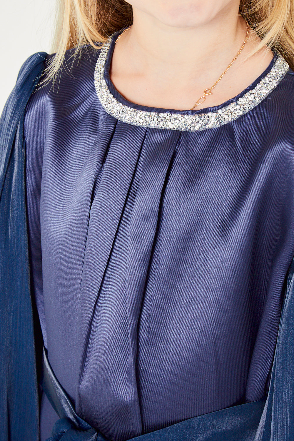 Embellished Neckline Satin Party Gown