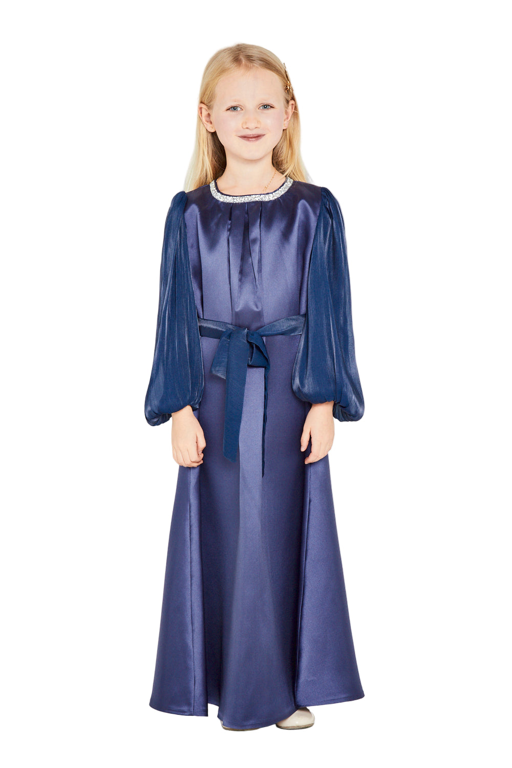 Embellished Neckline Satin Party Gown