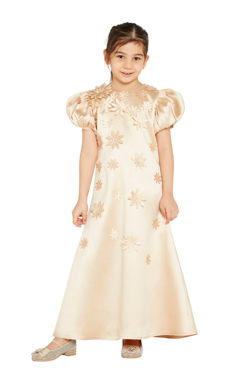 Floral Appliqué Puff Sleeve Dress