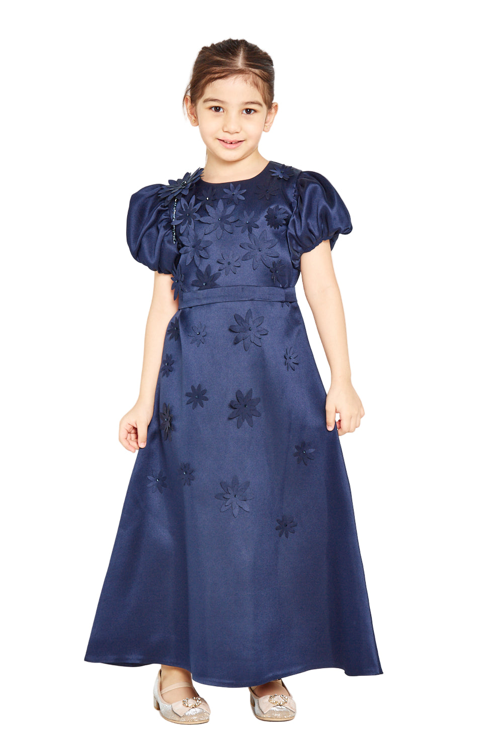 Floral Appliqué Puff Sleeve Dress