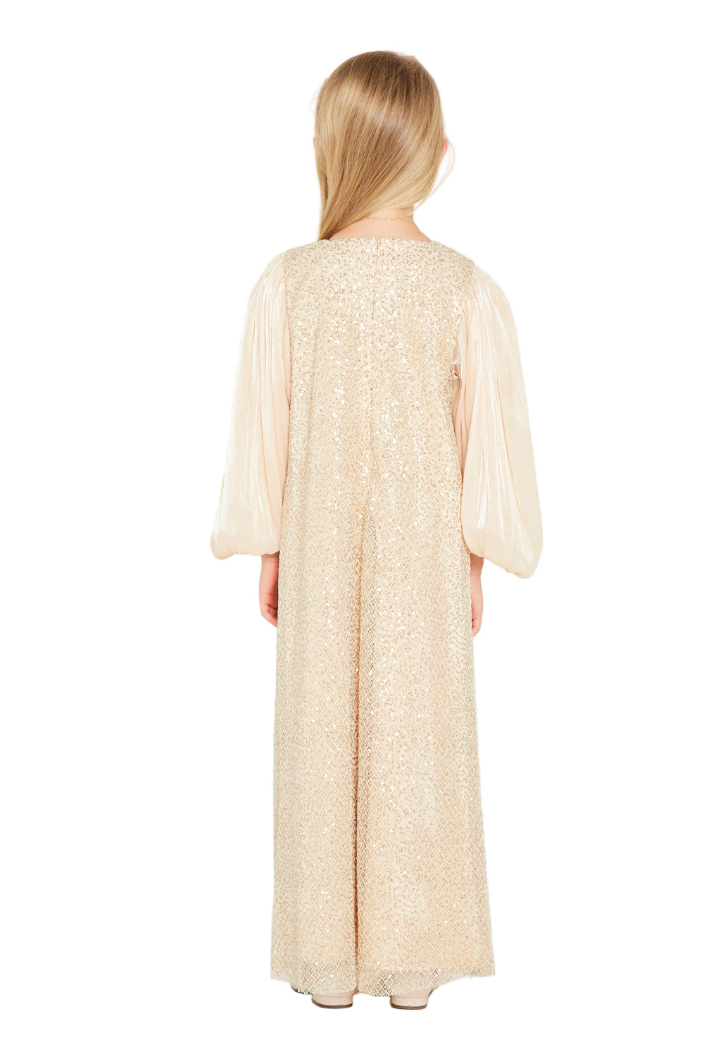 Shimmer Mesh Sleeve Contrast Gown