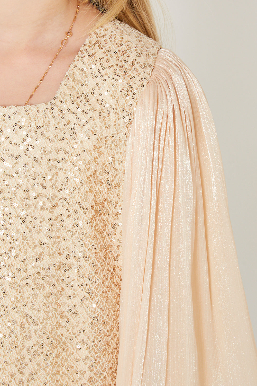 Shimmer Mesh Sleeve Contrast Gown