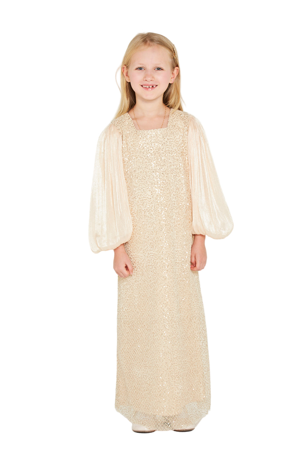 Shimmer Mesh Sleeve Contrast Gown