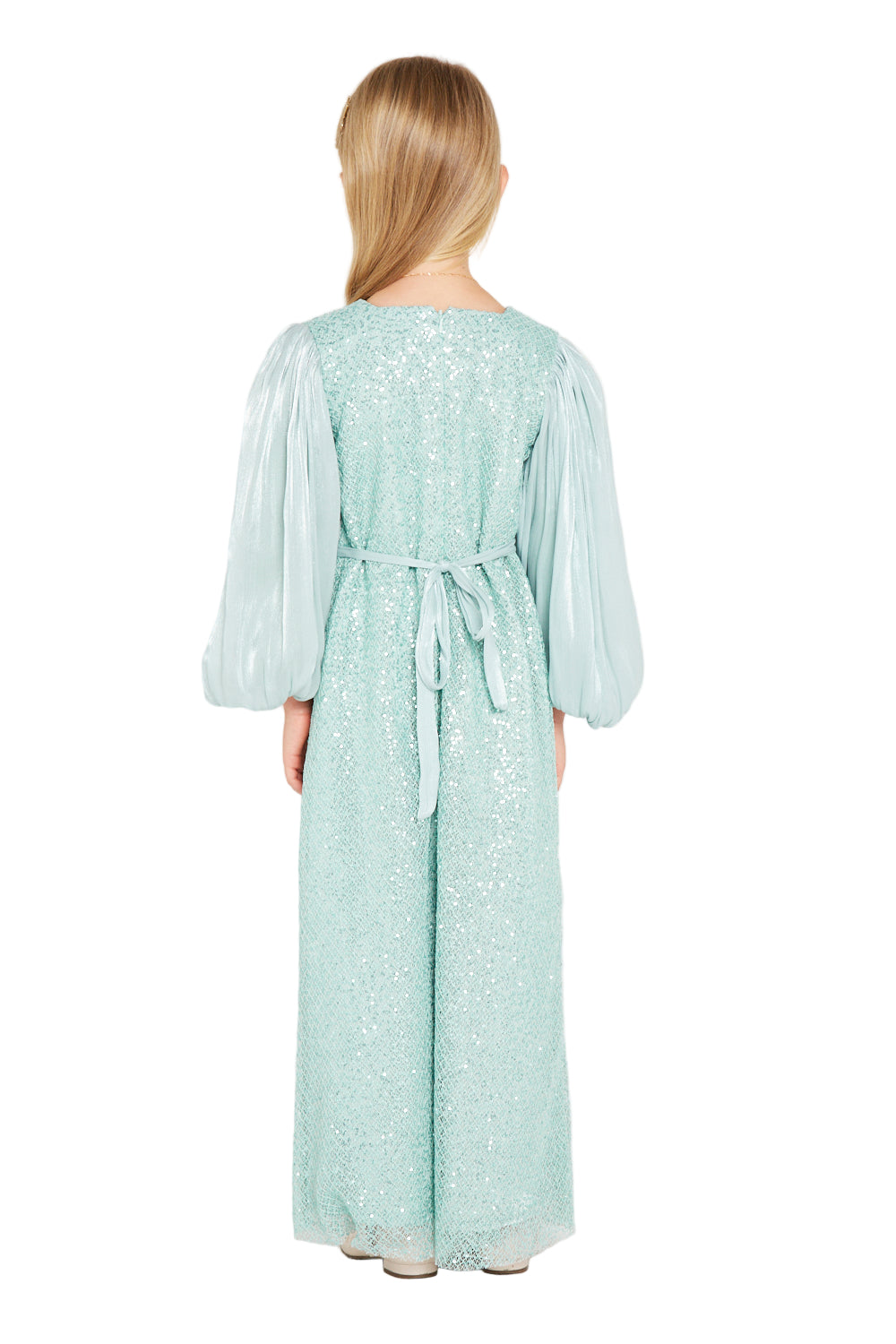 Shimmer Mesh Sleeve Contrast Gown