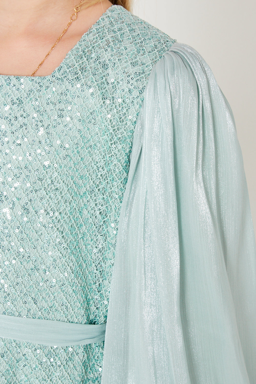 Shimmer Mesh Sleeve Contrast Gown