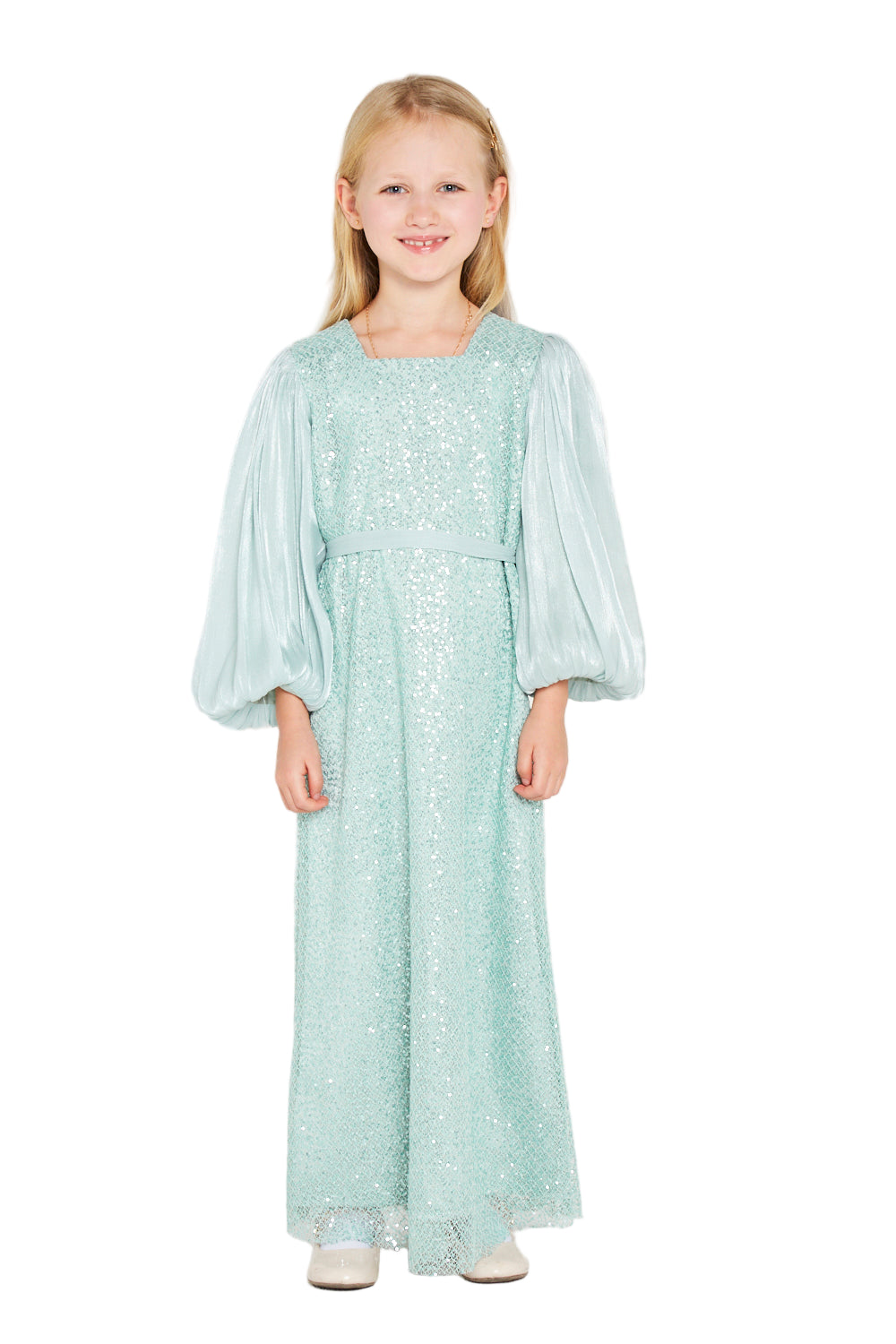 Shimmer Mesh Sleeve Contrast Gown