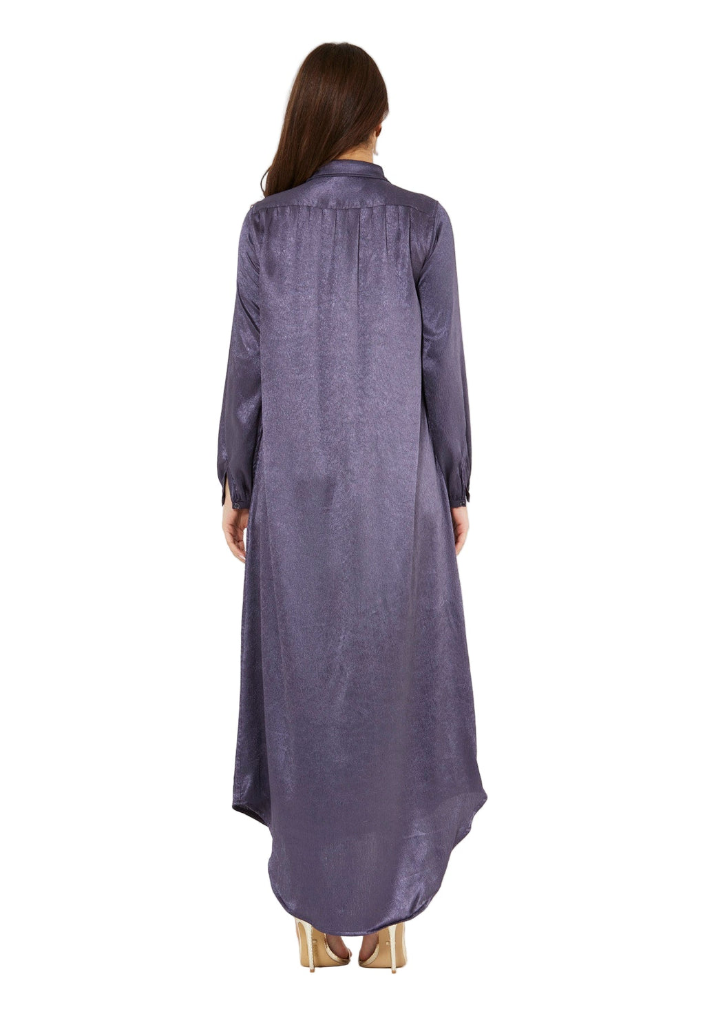 Shimmer Shirt Dress With High-Low Hemline In Crinkle Satin