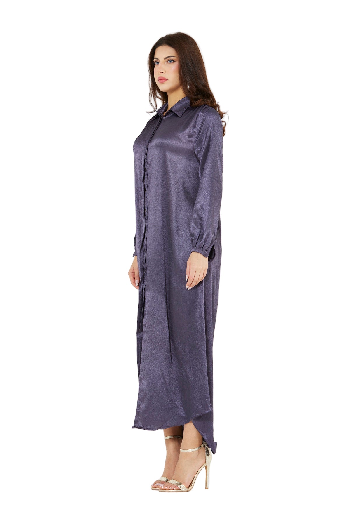 Shimmer Shirt Dress With High-Low Hemline In Crinkle Satin