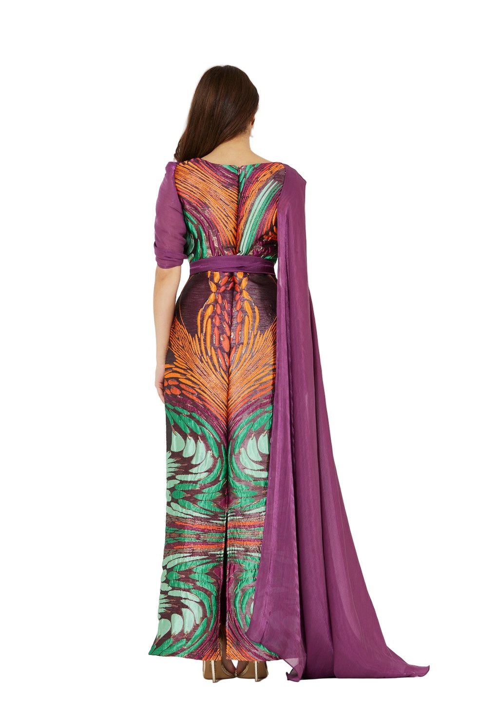 Draped Cape Overlay Jacquard Gown