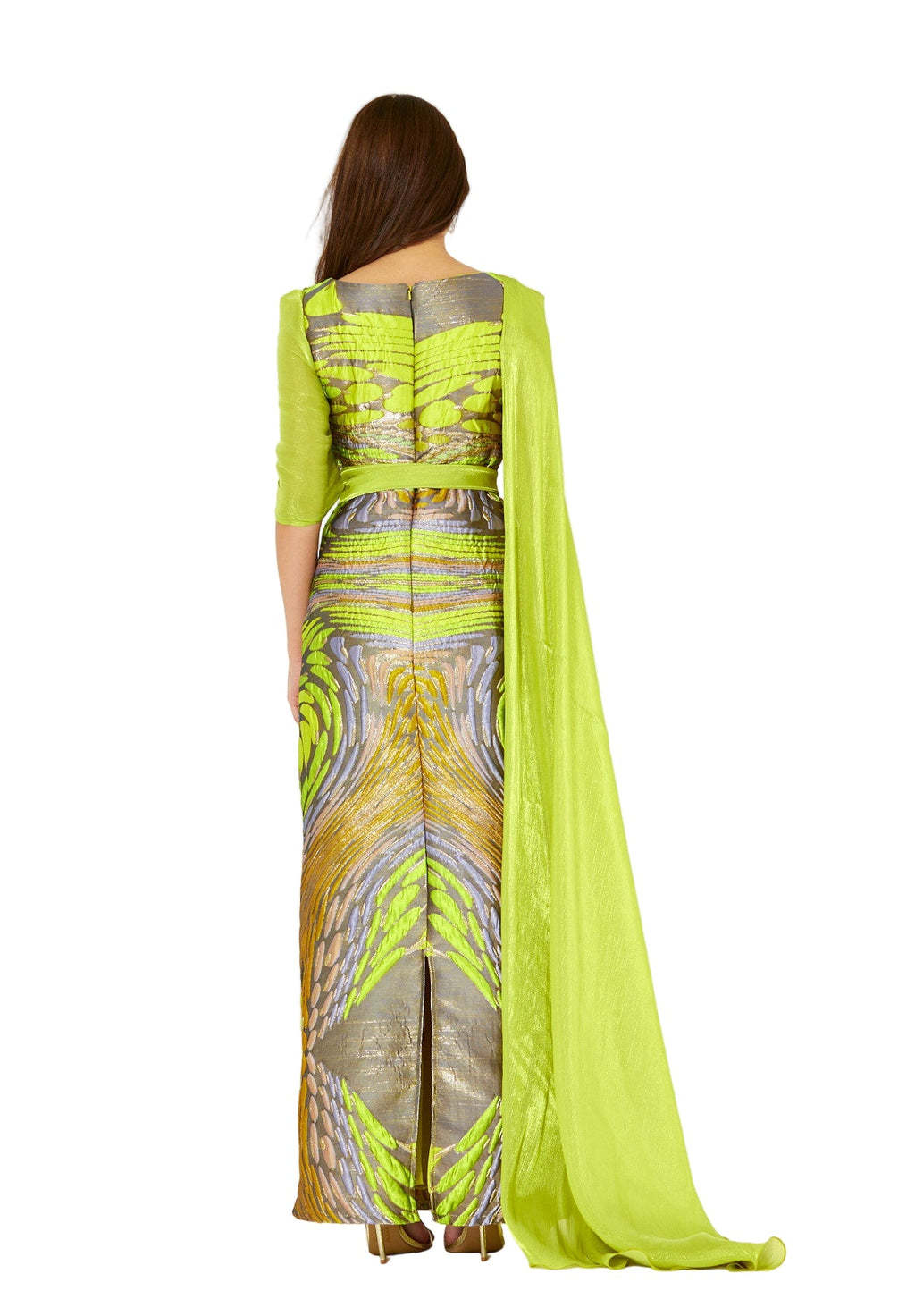 Draped Cape Overlay Jacquard Gown