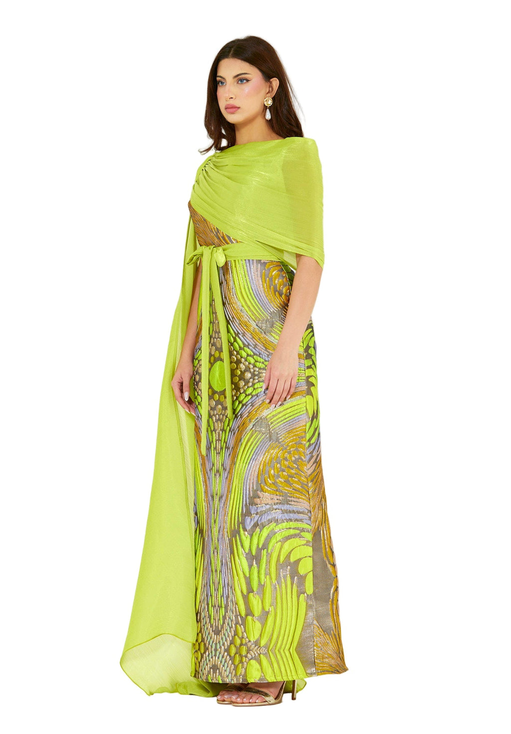 Draped Cape Overlay Jacquard Gown