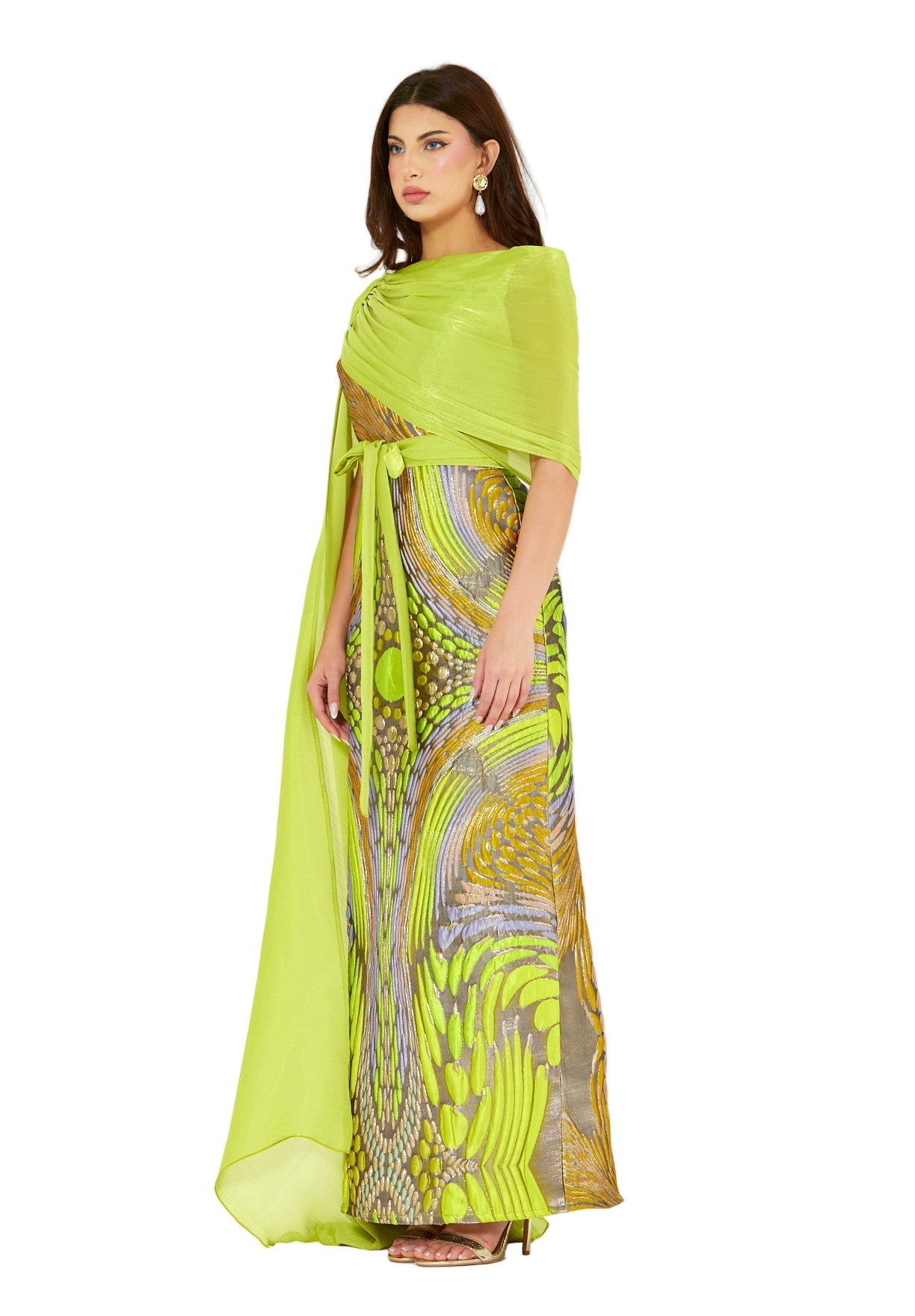 Draped Cape Overlay Jacquard Gown