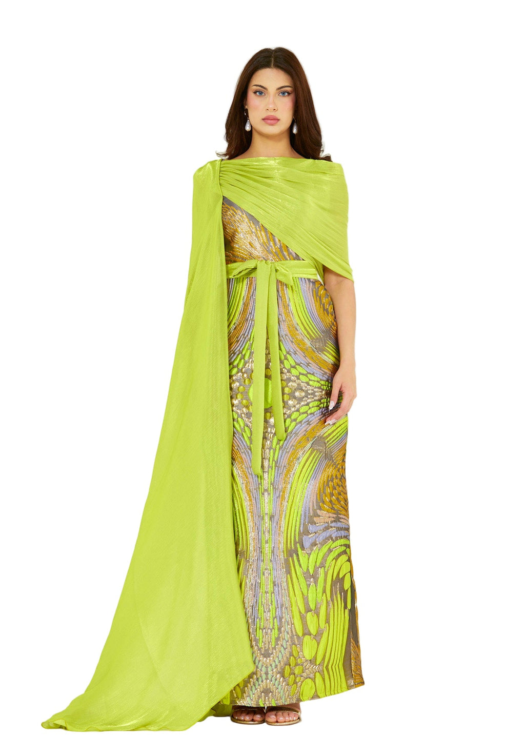 Draped Cape Overlay Jacquard Gown