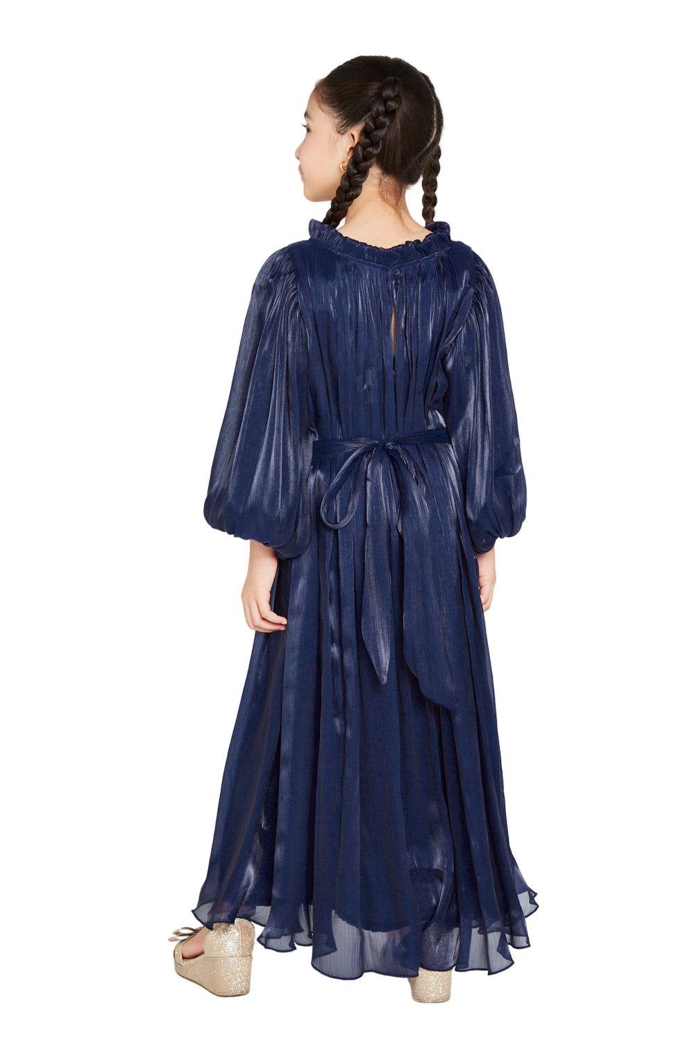 Pleated Shimmer Long-Sleeve Party Gown