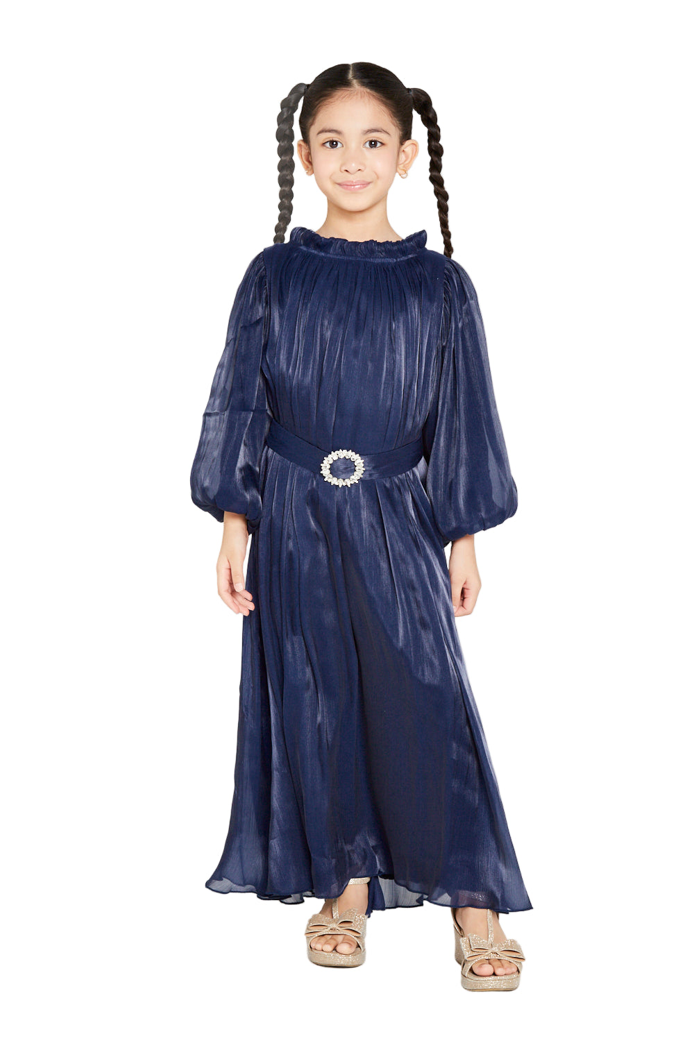 Pleated Shimmer Long-Sleeve Party Gown