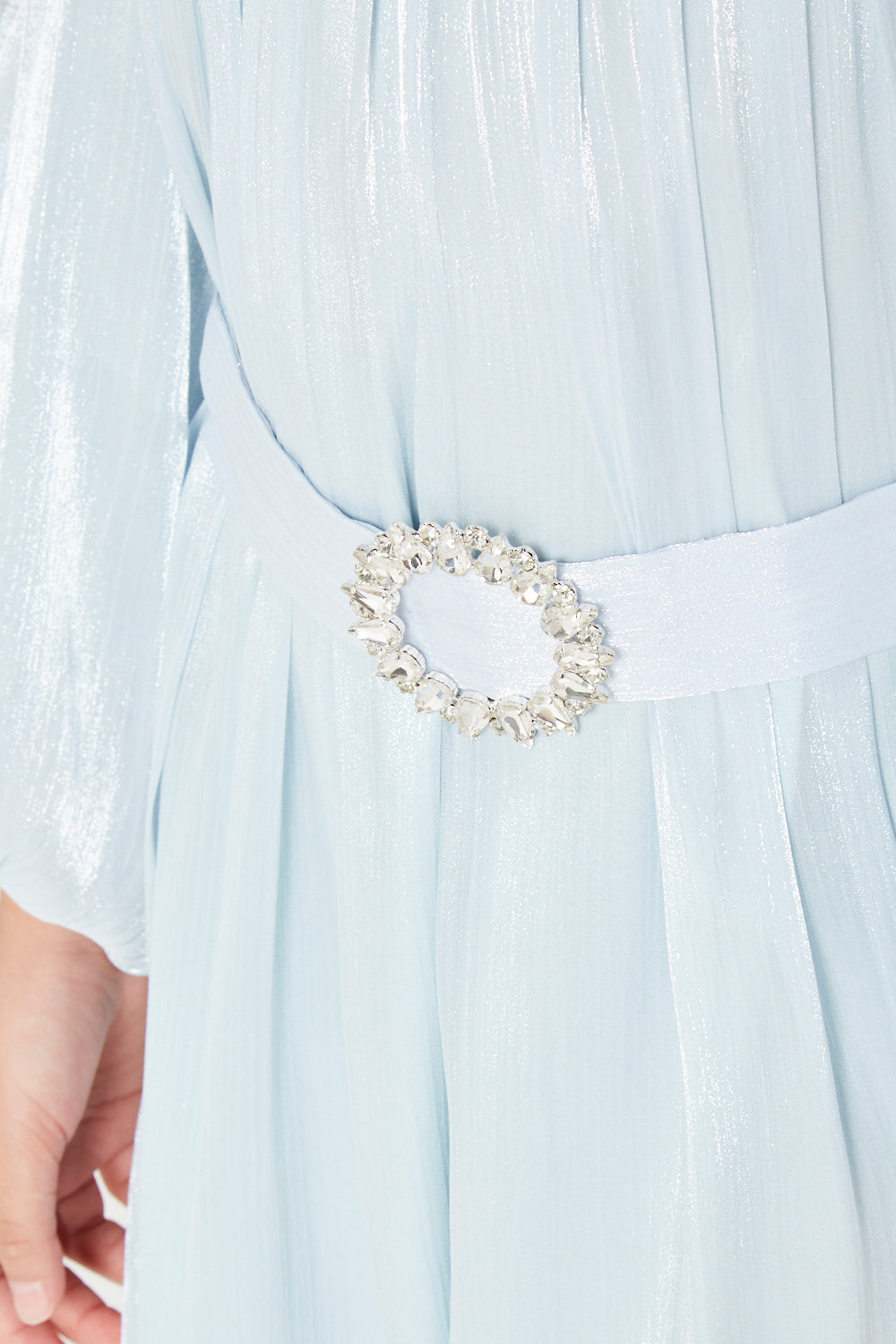 Pleated Shimmer Long-Sleeve Party Gown