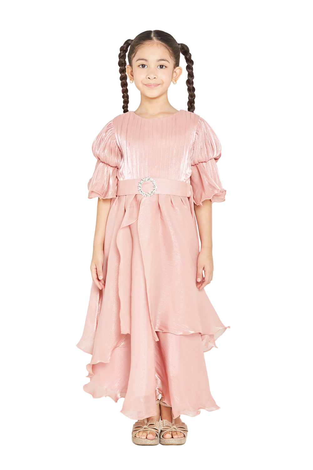 Jeweled Buckle Layered Ruffle Hem Gown