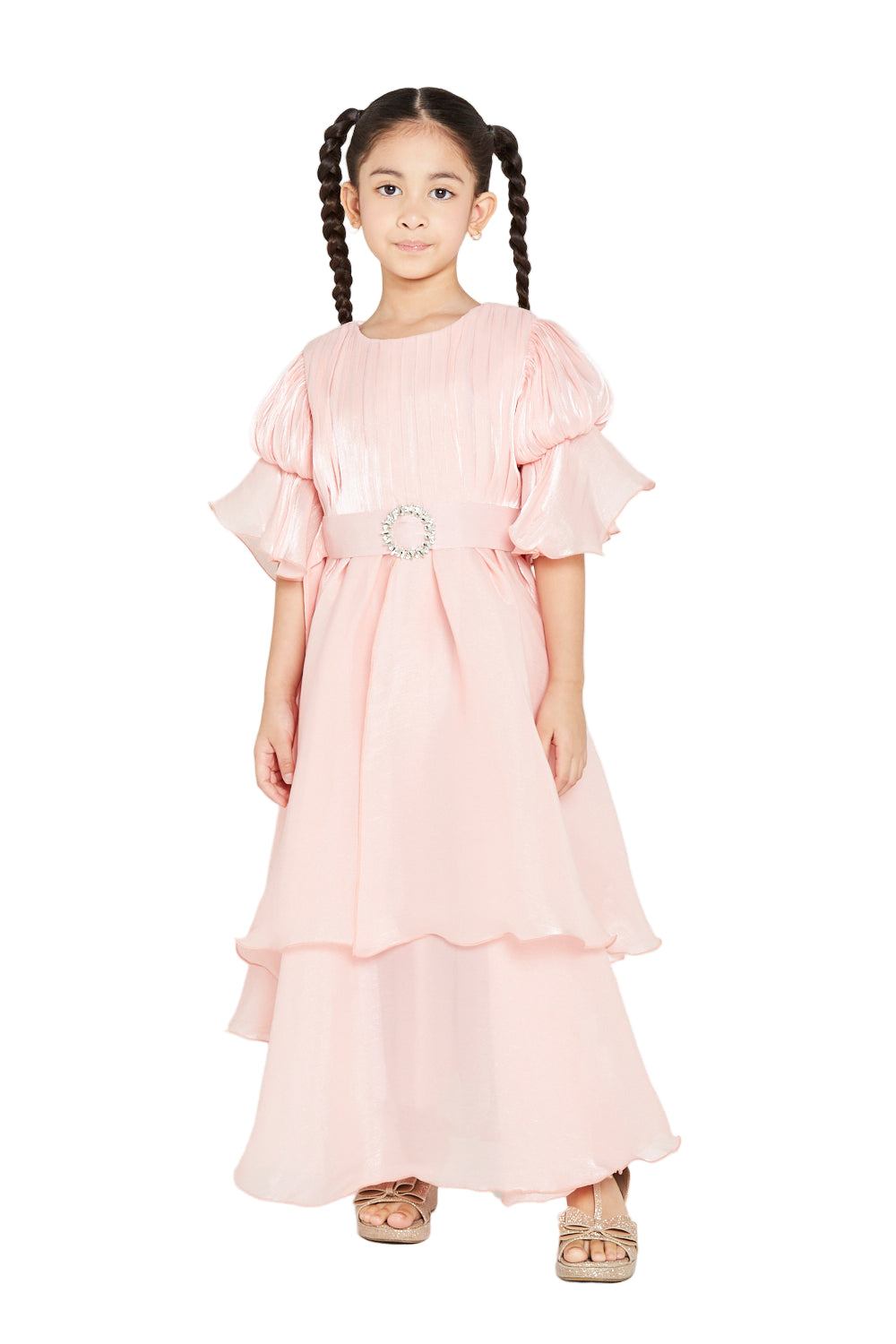 Jeweled Buckle Layered Ruffle Hem Gown