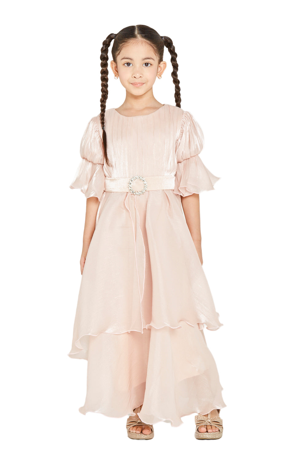 Jeweled Buckle Layered Ruffle Hem Gown