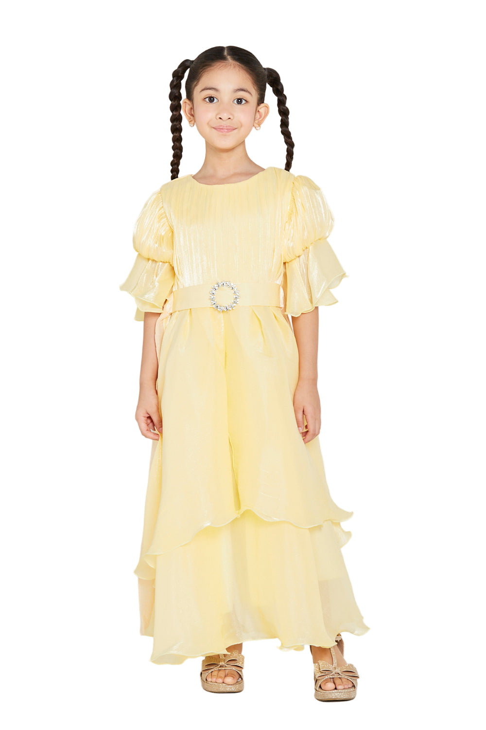 Jeweled Buckle Layered Ruffle Hem Gown