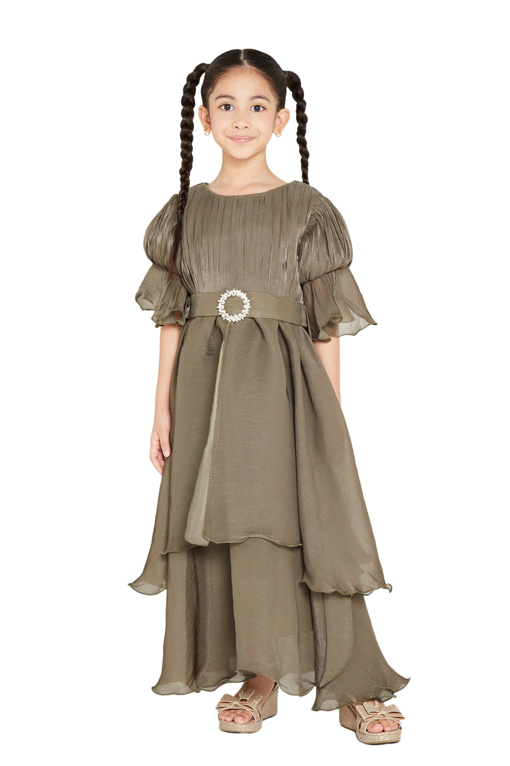 Jeweled Buckle Layered Ruffle Hem Gown