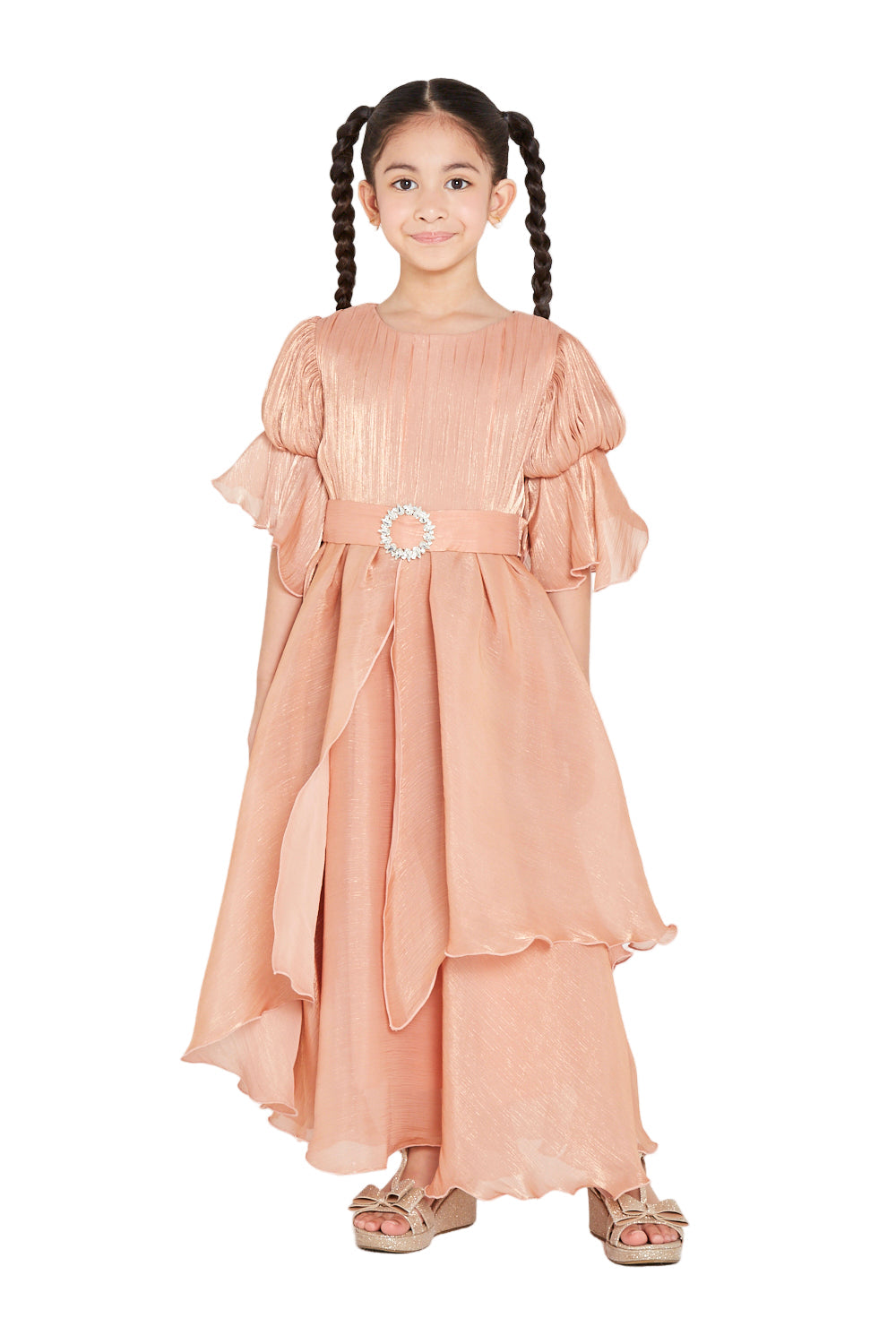 Jeweled Buckle Layered Ruffle Hem Gown