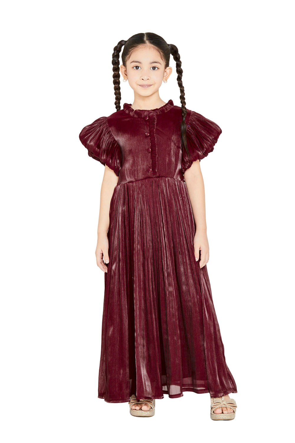 Ruffled Collar Pleated Buttoned Gown