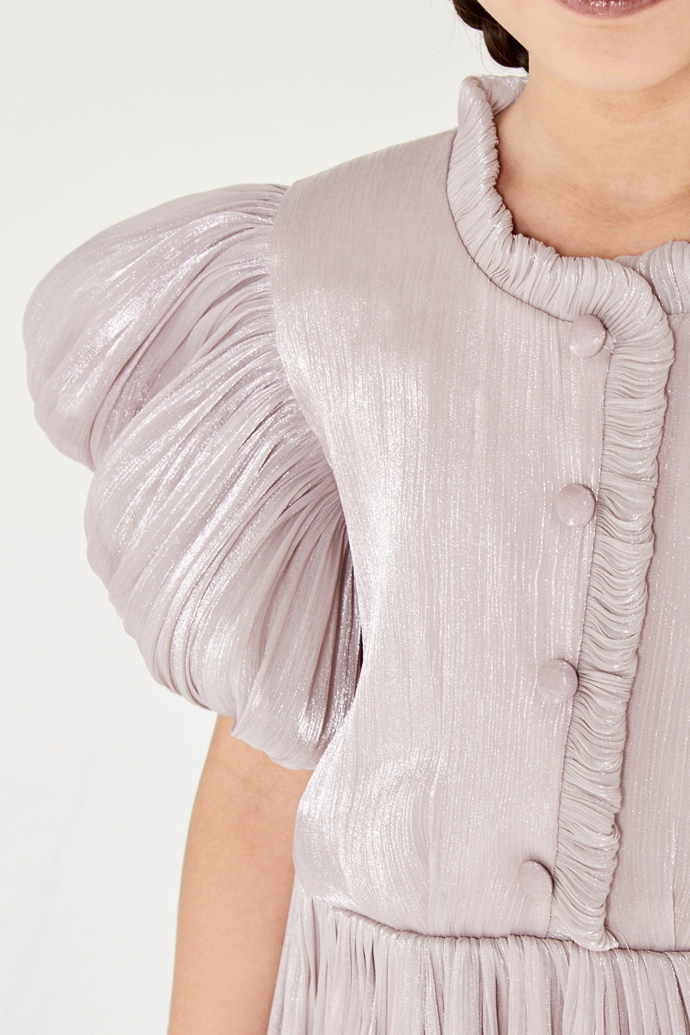 Ruffled Collar Pleated Buttoned Gown