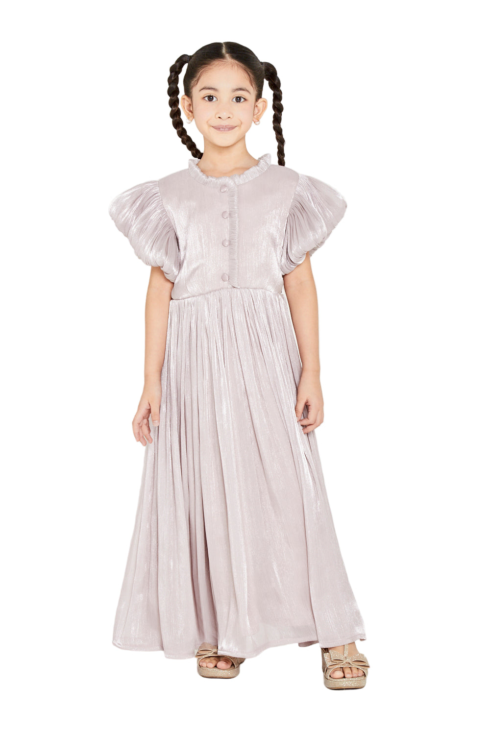 Ruffled Collar Pleated Buttoned Gown