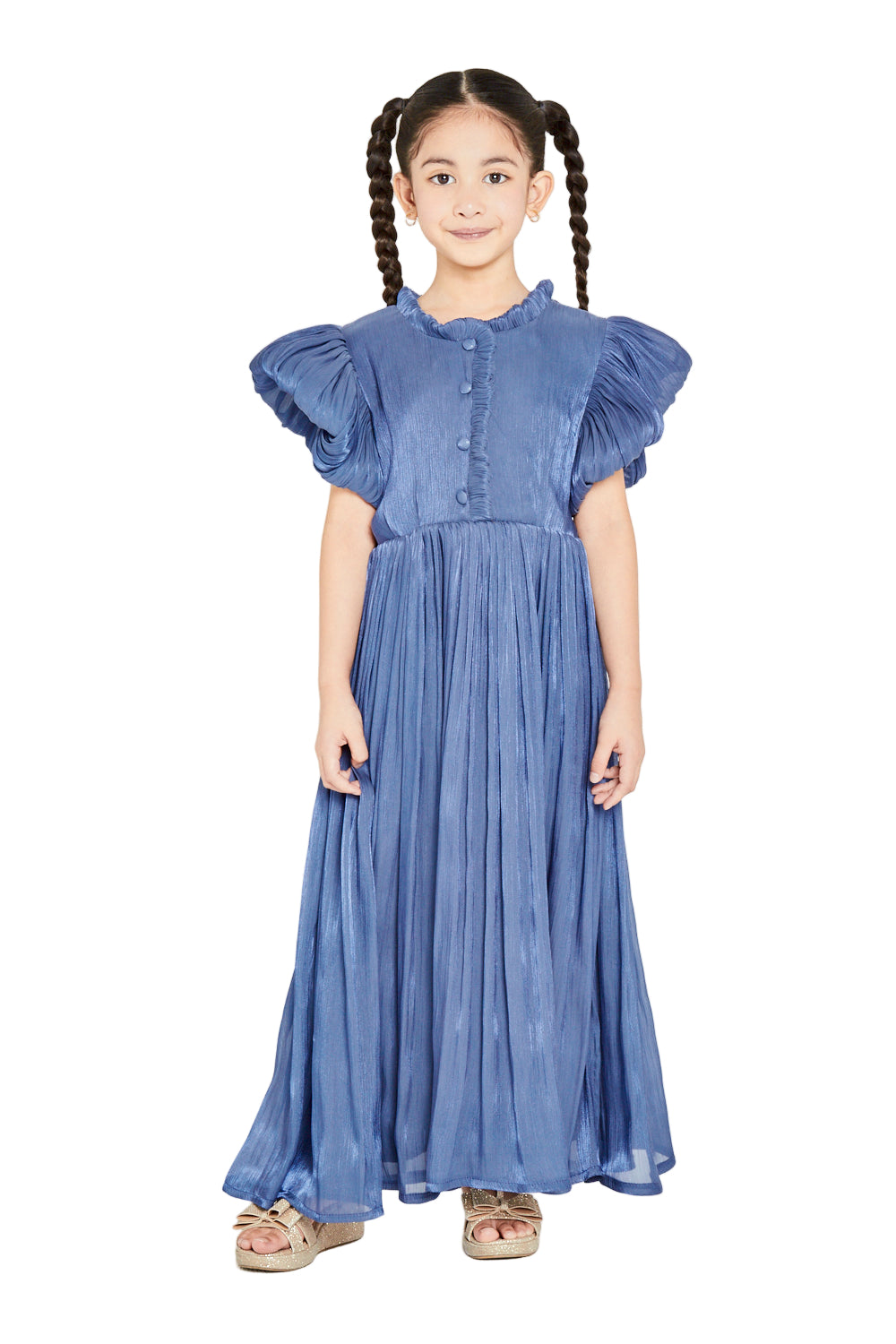 Ruffled Collar Pleated Buttoned Gown