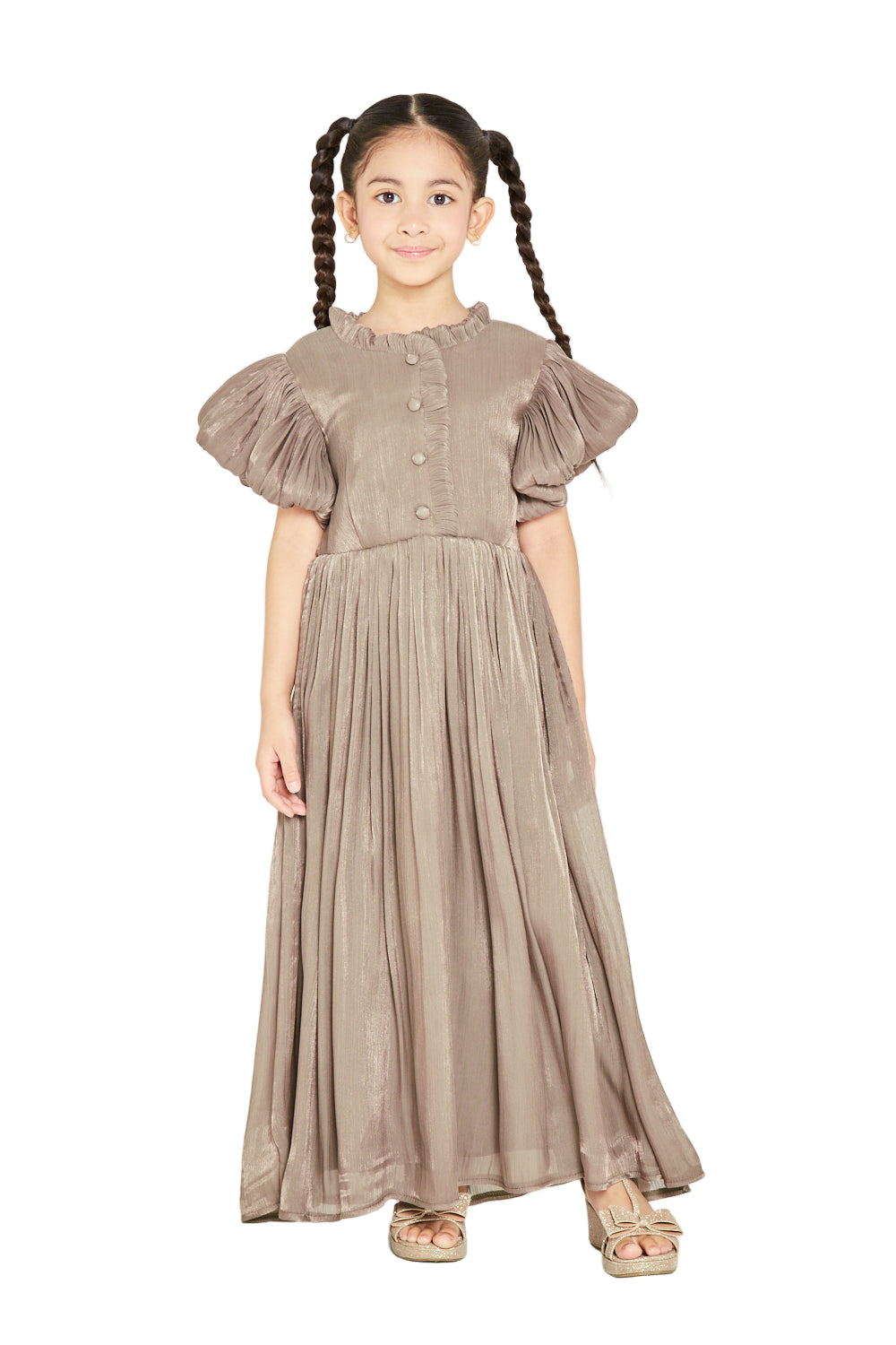 Ruffled Collar Pleated Buttoned Gown