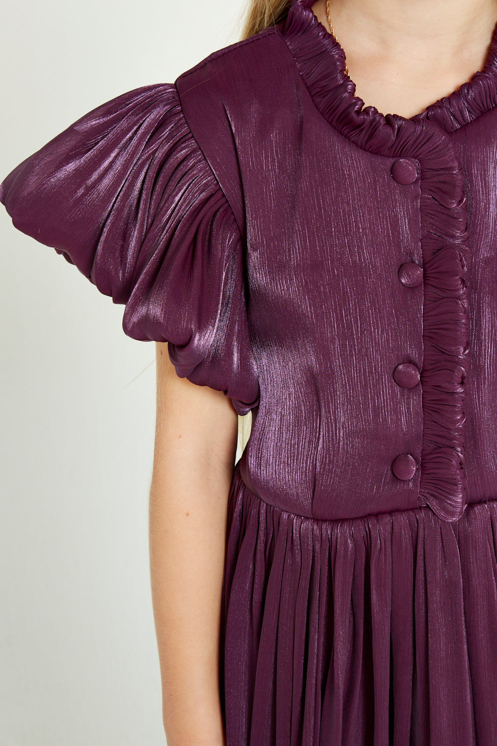 Ruffled Collar Pleated Buttoned Gown