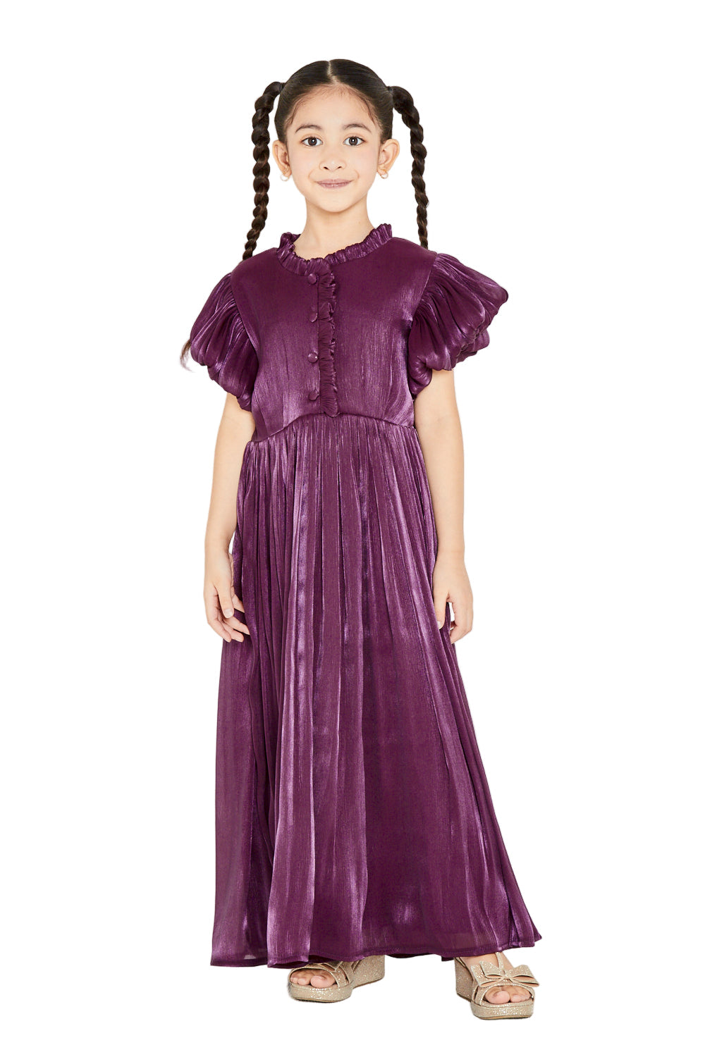Ruffled Collar Pleated Buttoned Gown