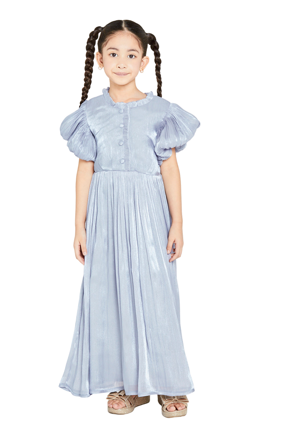 Ruffled Collar Pleated Buttoned Gown