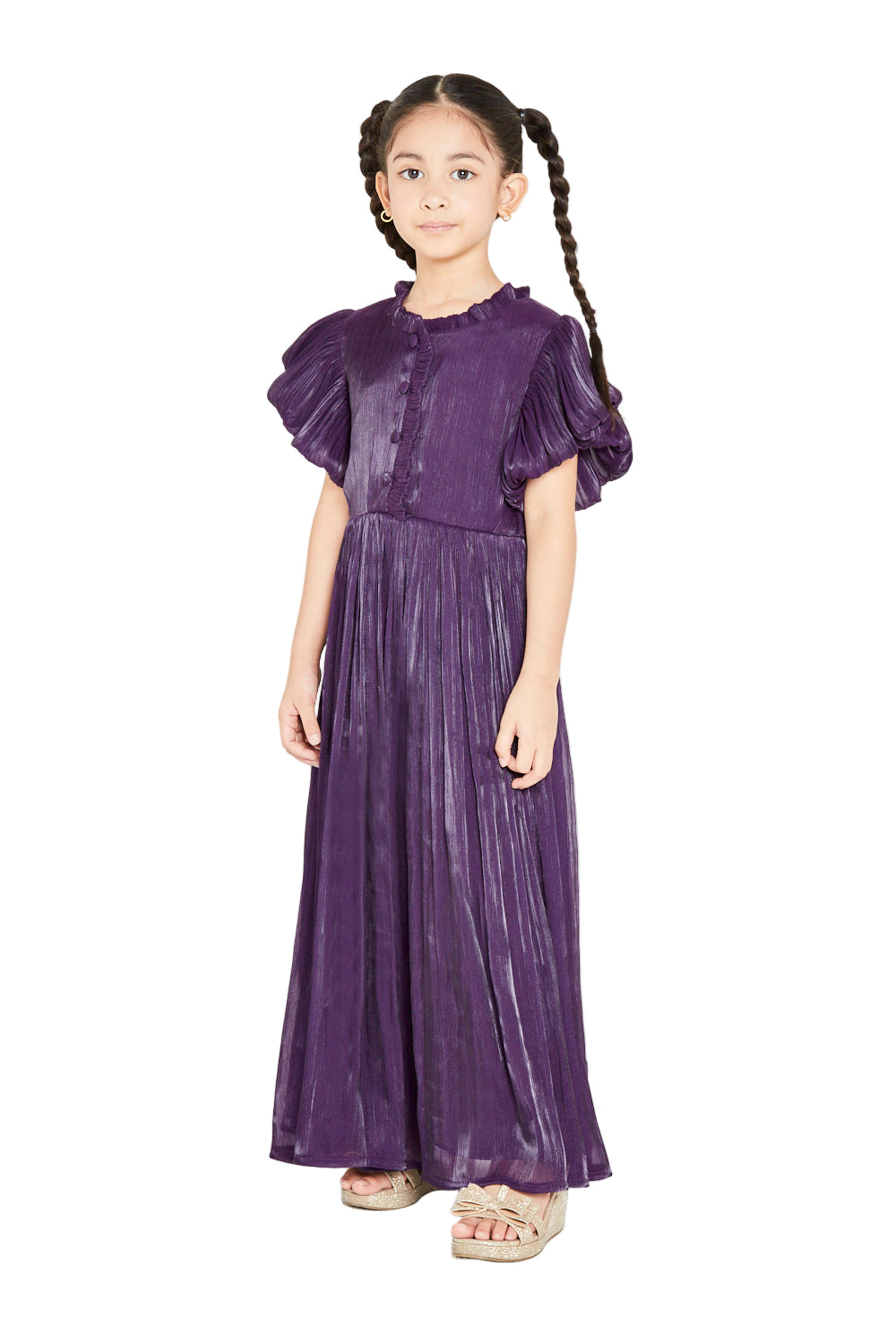 Ruffled Collar Pleated Buttoned Gown